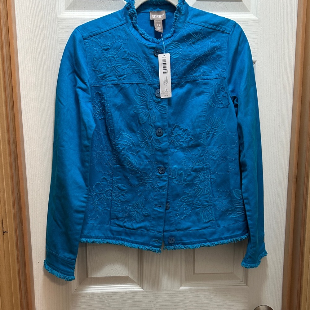 Chico's Vibrant Blue Embroidered Jean Jacket